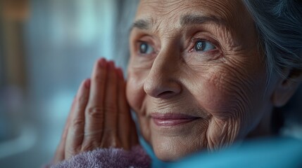 Close-up of an elderly womana??s thankful expression as she receives support from her nurse ultra-realistic emotional portrait.