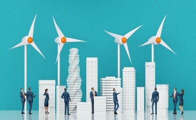 Wind turbine power generators. Alternative energy sources, eco friendly future. Business people calking about renewable energy source, . Alternative energy, eco friendly systems. 3D rendering  © IRStone