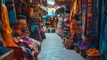 Obraz premium Charming Narrow Street Dressed in Vibrant Colorful Fabrics Evoking a Festive and Lively Atmosphere