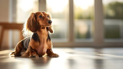 A dachshund sitting on the floor, with soft lighting creating a warm atmosphere in the background. Concept Dachshund Portrait, Warm Lighting, Cozy Atmosphere, Pet Photography, Indoor Settings
