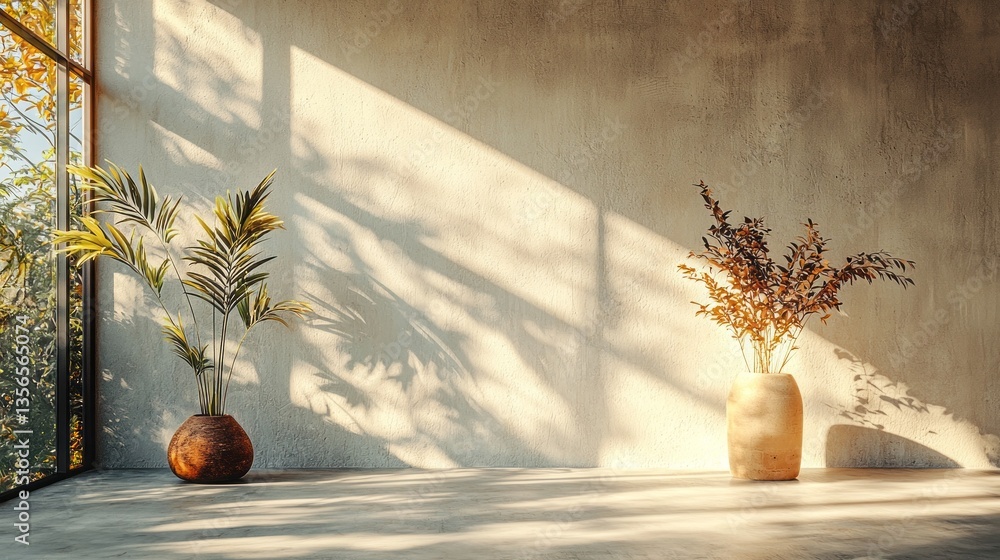 Poster Warm sunlight streams through large windows, casting intricate shadows on a textured wall