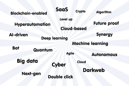 Software company corporate buzzwords loved by managers, disliked by employees. Modern IT tech corporation language - AI, cyber, crypto, cloud and machine learning.