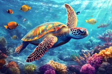 Fototapeta premium Aquatic Harmony: A vibrant sea turtle gracefully glides through a kaleidoscope of marine life, painting an underwater scene of pure enchantment.