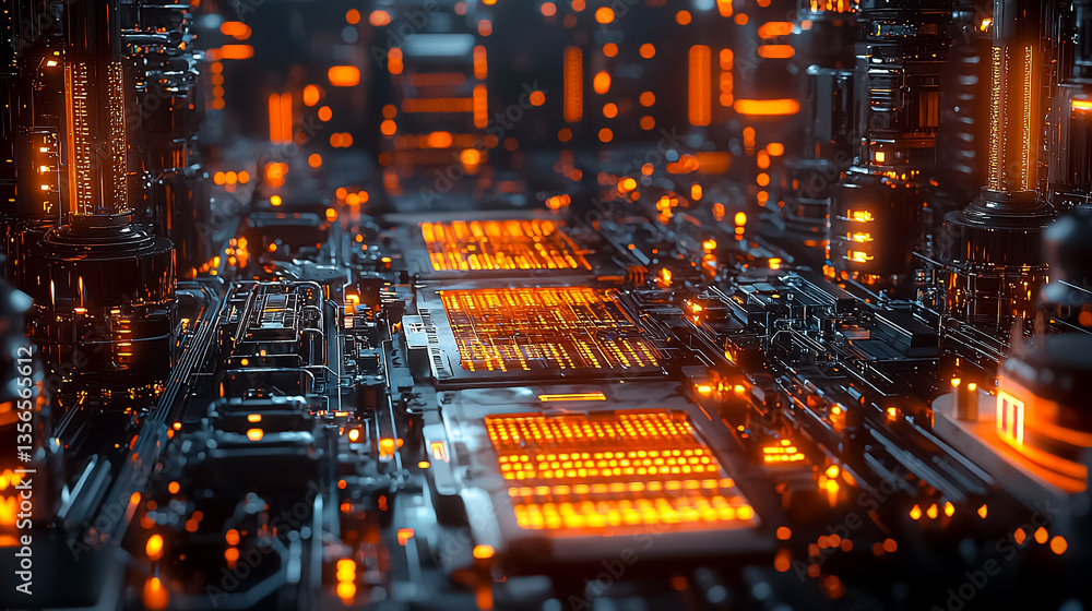 Aufkleber futuristic circuit board with glowing orange elements and intricate patterns in a digital landscape