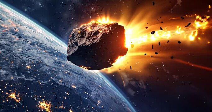 An asteroid enters Earth's atmosphere, creating a breathtaking explosion as it impacts the surface. Bright flames and debris can be seen scattered across the night sky, illuminating the surroundings