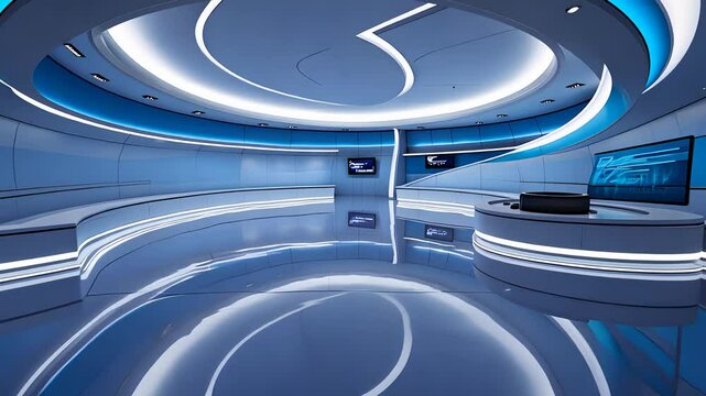 Futuristic TV studio with blue lighting and sleek, modern design, featuring a spacious set for broadcast production

