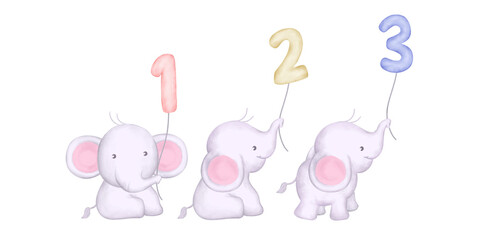 Obraz premium cute baby elephant sitting and holding a numbering balloon anniversary 1 2 3 
