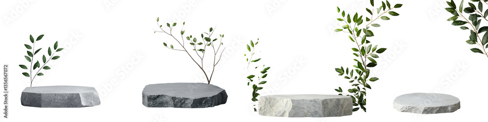 Poster serene nature inspired display featuring lush foliage and geometric rocky platforms creating a moder