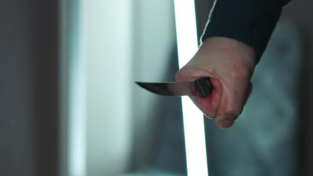 An armed criminal with a sharp knife in his hands.
A man wants to kill someone and holds a knife in his hand.
Knife, blade, revenge, cut, criminal