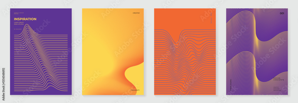 Poster abstract line wave poster background vector set. minimalist cover template with vibrant perspective 