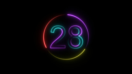 A  circular illustration, and glowing neon number 28 illustration . on a black background. and 4k illustration