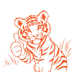 Continuous one line art drawing a tiger cub giving a thumbs up design vector illustration logo.