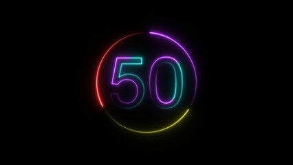 A  circular illustration, and glowing neon number 50 illustration . on a black background. and 4k illustration