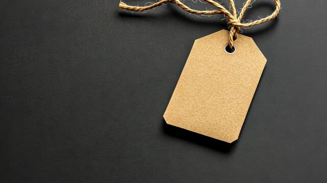Blank Brown Kraft Paper Tag with Jute Twine on Black Background
