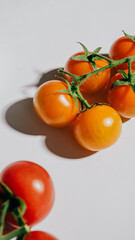 A close up of a bunch of ripe red tomatoes. The tomatoes are arranged in a row and are all the same size. The image has a warm and inviting mood