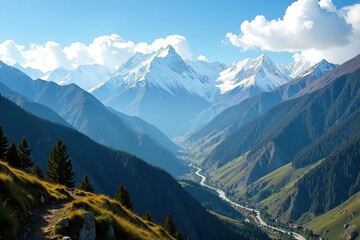 A breathtaking view of snow-capped mountains and lush green valleys in Bhutan,  majestic, Bhutan