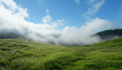 Fototapeta premium Surreal fog rolling over colorful gradient landscape nature scenic viewpoint dreamlike environment