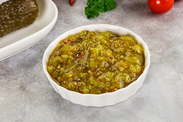 Souce gherkin relish with marinated cucumbers