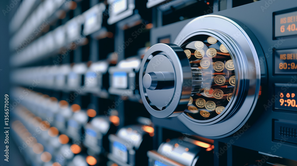 Poster secure vault of digital gold: inside a meticulously crafted vault, a close-up view of a shiny, secur