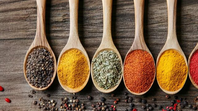 Colorful assortment of spices arranged on wooden spoons against a rustic background in a kitchen setting