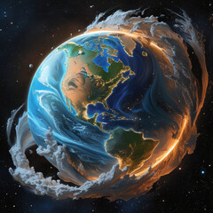 Placeholder
Artistic rendition of Earth shows continents with bright city lights, enveloped in swirling clouds and energy. The illustration is likely intended for stock imagery submission.