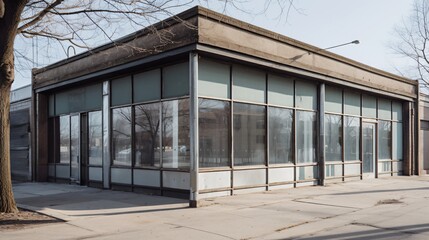 Vacant Commercial Building with Large Windows on a Sunny Day