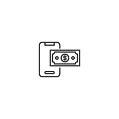 Mobile payment icon with dollar bill and smartphone in linear style.