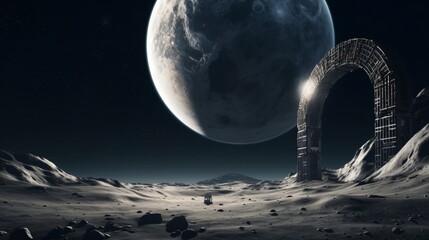Alien Archway on a Desolate Lunar Landscape with a Giant Planet in the Background