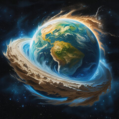 Placeholder
The image depicts Earth in space with a surreal ring. Light and clouds surround the planet, evoking a sense of abstract beauty.