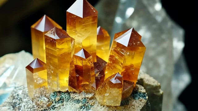 Beautiful clusters of golden citrine crystals shining under natural light in an indoor setting