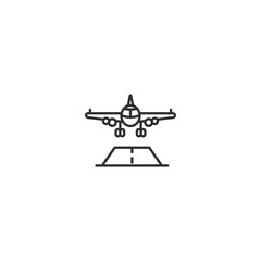 Airplane landing icon: minimalist linear design for aviation themes.