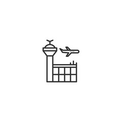 Airport control tower linear icon with airplane in flight.