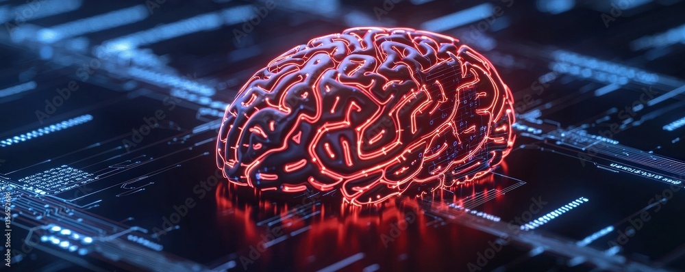 Poster strategic planning vision optimization concept. digital brain on a circuit board with glowing lines 