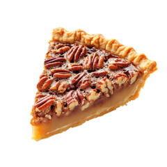 Delicious slice of pecan pie with a flaky crust and caramel filling served on a white background on transparent background