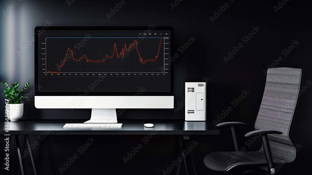 Poster sleek office desk: modern office desk setup featuring a desktop computer displaying a financial char