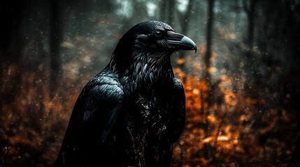 Majestic raven in dark autumnal forest.