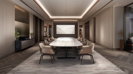 Fototapeta premium Modern Boardroom: Elegant boardroom featuring a large conference table, comfortable chairs, and minimalist decor, perfect for corporate meetings and strategic planning.
