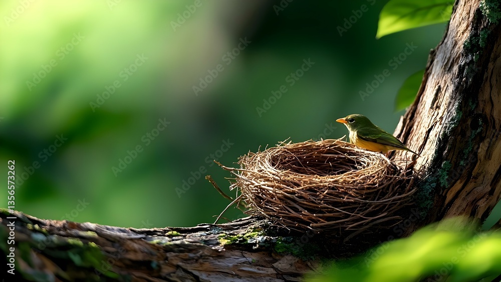 Poster a bird perched on a nest in a tree, surrounded by greenery, creating a serene natural scene. concept
