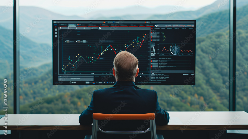 Poster strategic analysis: a visionary trader or analyst intently monitors stock market graphs on a large s