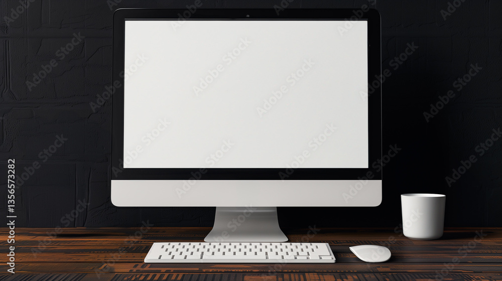 Aufkleber elegant workspace: a sleek desktop computer with a bright screen, a minimalist keyboard, and a mouse