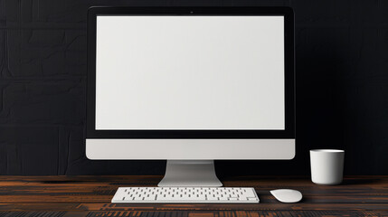 Fototapeta premium Elegant Workspace: A sleek desktop computer with a bright screen, a minimalist keyboard, and a mouse on a rustic wooden surface. This scene portrays modern technology and clean design. 