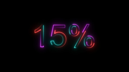 A glowing neon 15% percent number illustration . on a black background. and  4k illustration.