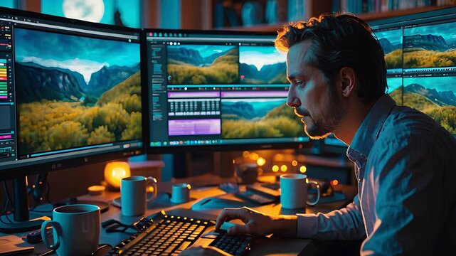 Professional video editor working in a modern studio with multiple monitors, editing video content and landscapes

