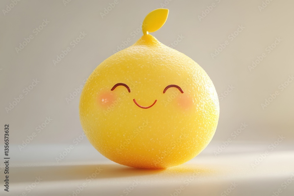 Poster a cute, smiling lemon character with a textured surface and a small leaf.