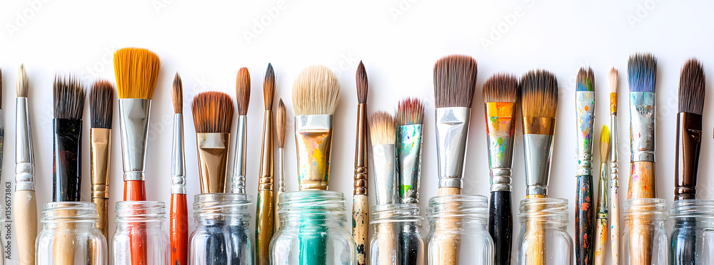 Poster artistic palette: a diverse array of artistic paintbrushes, each showcasing unique shapes, sizes, an