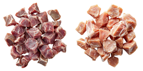 Freeze-dried meat chunks for pet food packaging concept. Two piles of diced meats, one dark and one light, showcasing different textures and colors of fresh cuts
