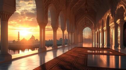 3D mosque with beautiful sunlight and shadow effect on a sunset background, detailed illustration, high resolution, professional photograph. The ultra-high-resolution camera captures the intricate det