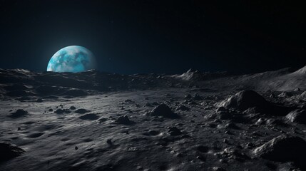Alien Planet Landscape with Turquoise Moon in Dark Night Sky