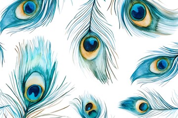 Obraz premium Seamless Watercolor Peacock Feathers Pattern, Turquoise, Teal, and Gold Eye Spot Details