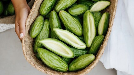 Fresh Green Produce in Woven Basket Display
